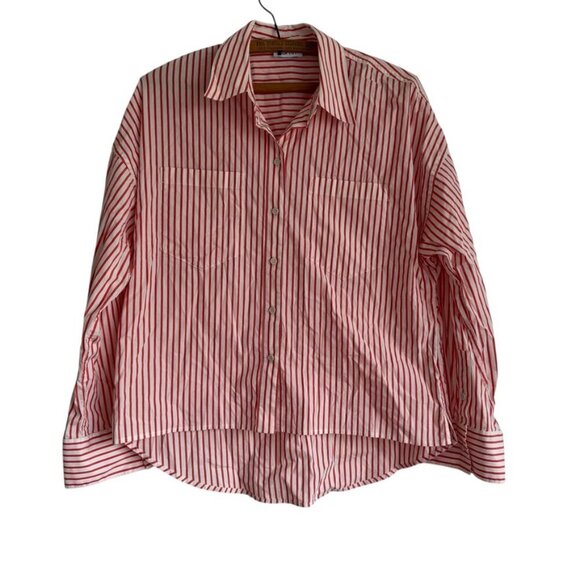 Esprit Red and White Striped High Low Cotton Blend Button Up Women's Size Small - Picture 1 of 10